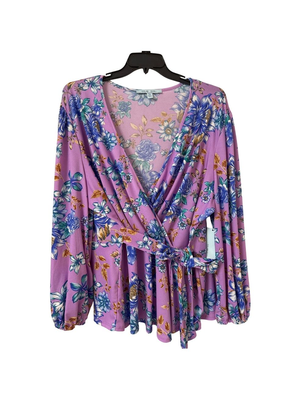 NWT Blue Sol Blouse Size 3X Lavender Floral Wrap With Tie, Long Sleeves V Neck